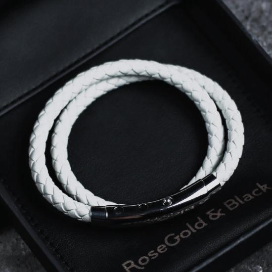 Double Leather Bracelet in Silver & White - Our Men's Double Leather Bracelet with White Leather and a Polished Silver Adjustable Clasp Engraved with our Signature RG&B Logo.
